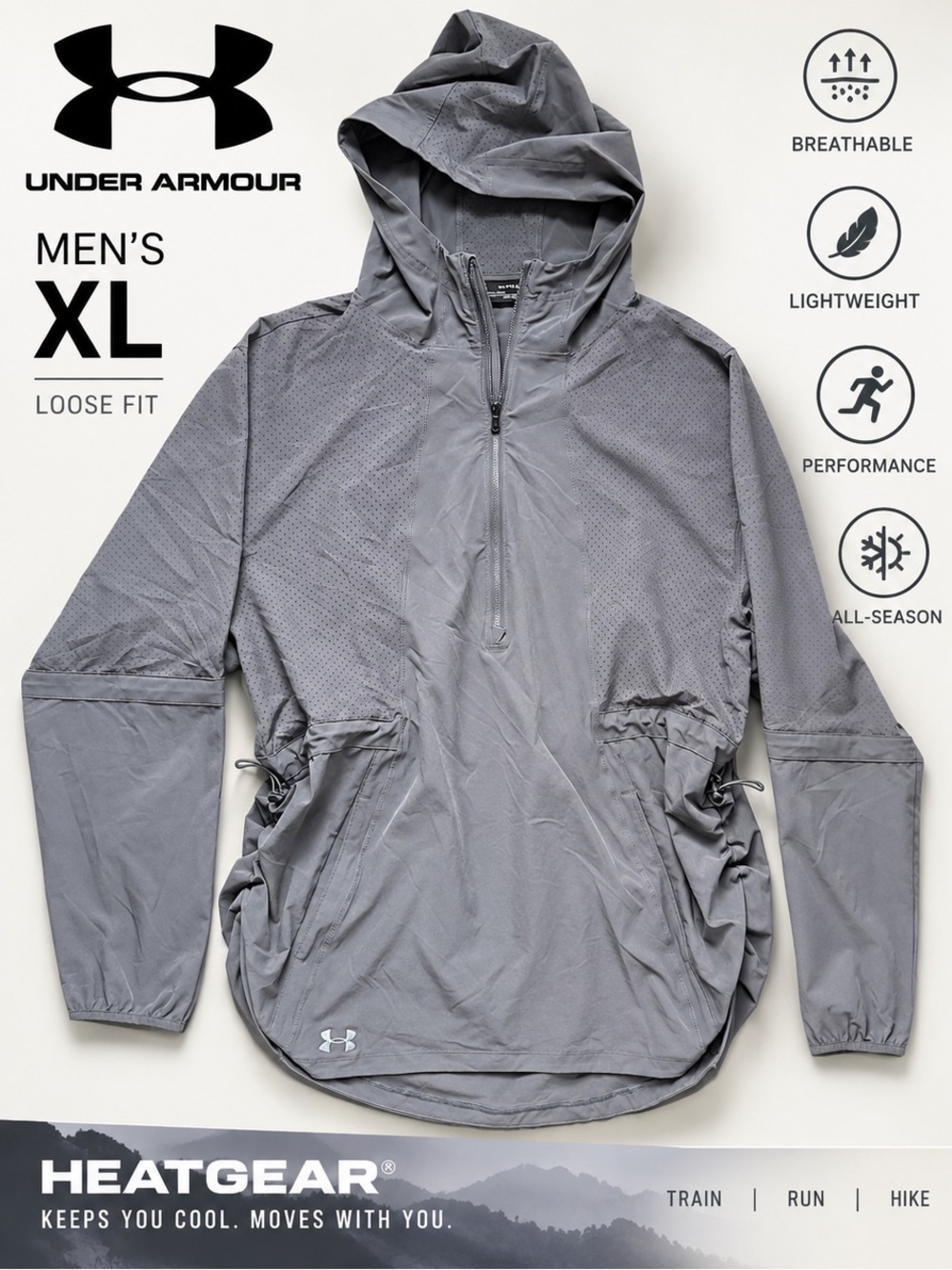 Under Armour Men’s HeatGear Hooded Pullover Gray Loose Fit 1/4 Zip XL